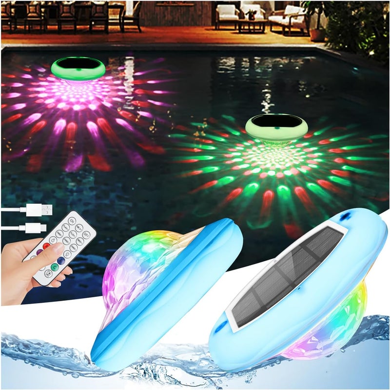 QOLNBY Solar Powered and USB Rechargeable Floating Pool Lights, 6.69 Inch IP68 Waterproof Pool Lights That Float 6 Dynamic Modes with Remote Upper and Lower Glow 2600mAh Hangable Solar Light for Pond 2 PACK - Image 1